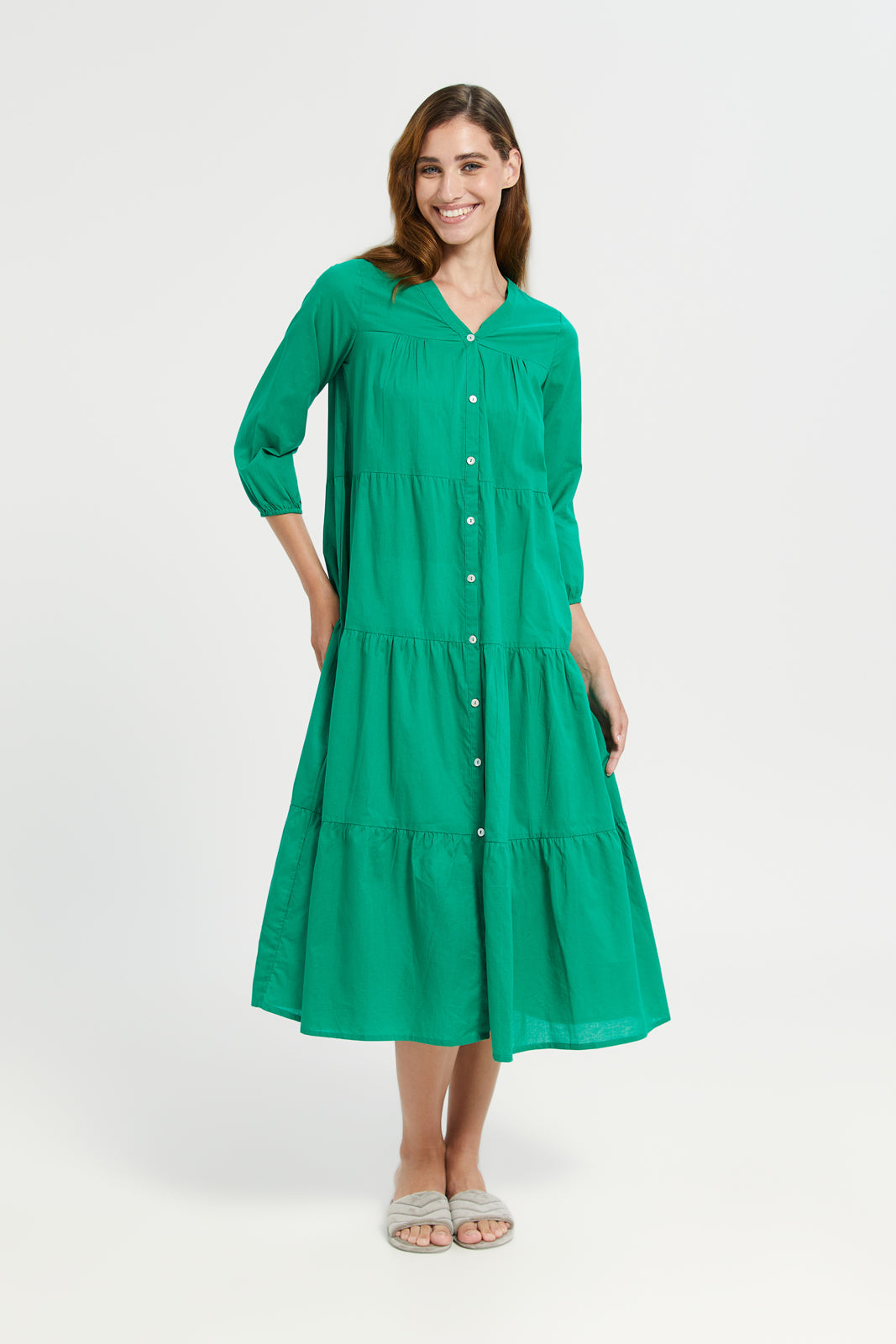 Green Solid Tier Body Nightgown