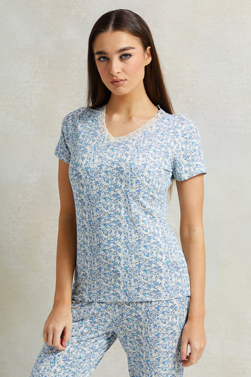 Women Blue Floral Printed Pyjama Set (2 Piece)