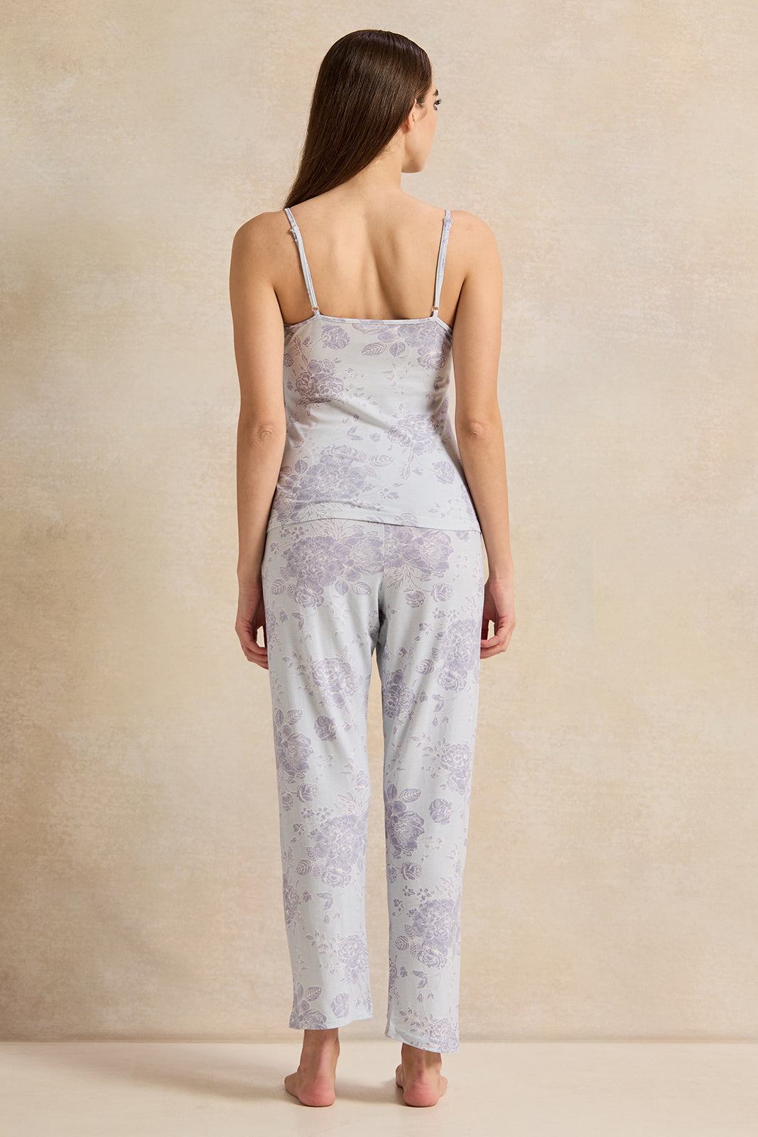 Women Blue Printed Cami Set With Lace (2 Piece)