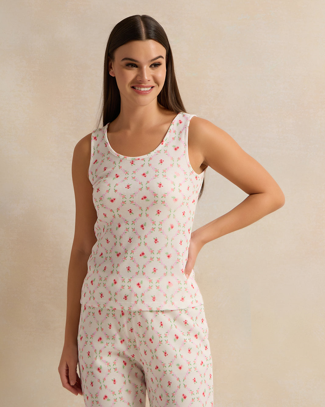 Women White Floral Print Waffle Cami Set (2 Piece)