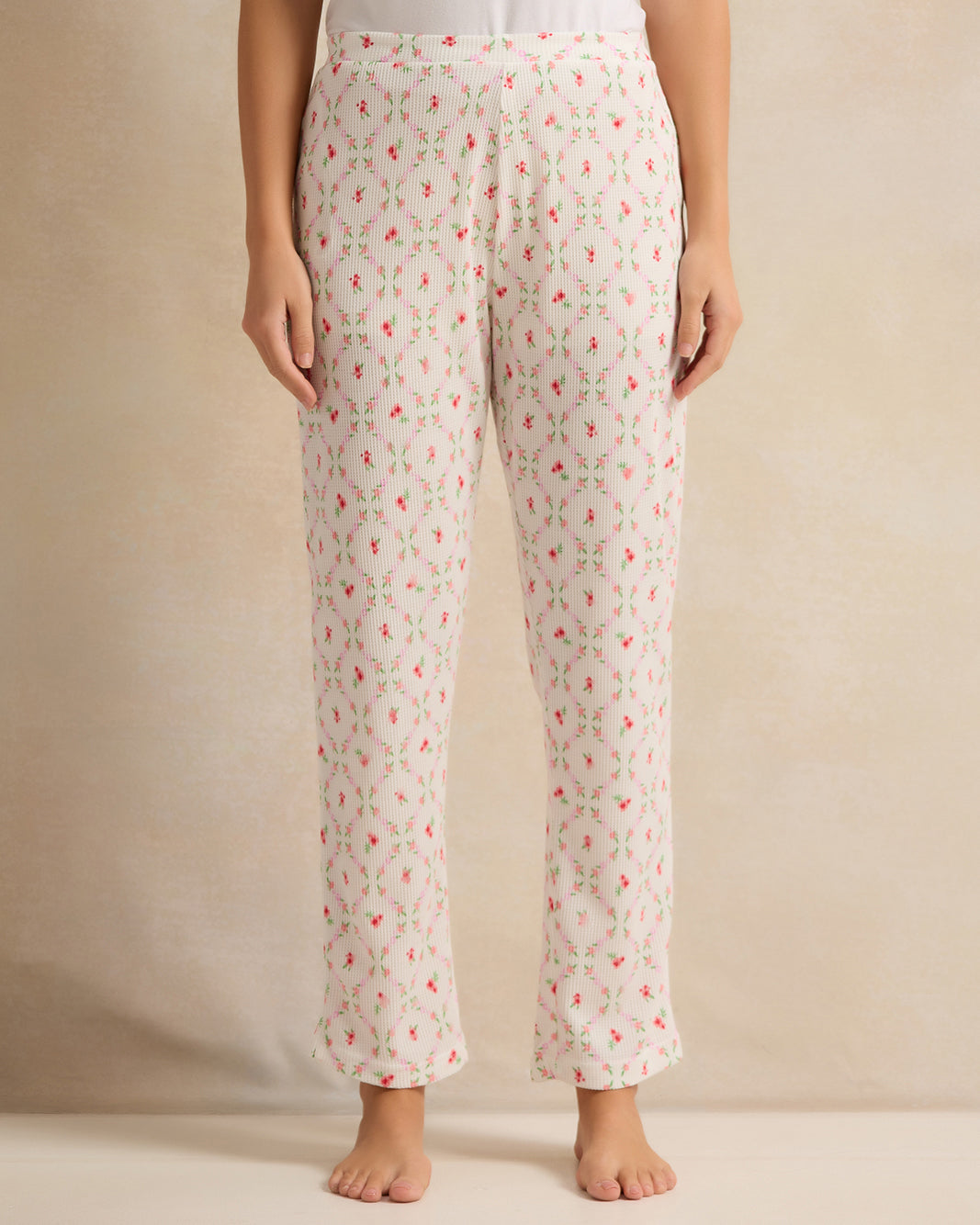 Women White Floral Print Waffle Cami Set (2 Piece)