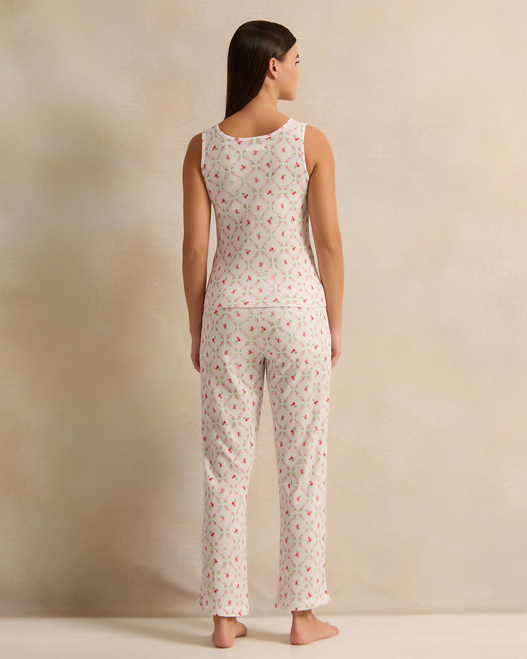 Women White Floral Print Waffle Cami Set (2 Piece)