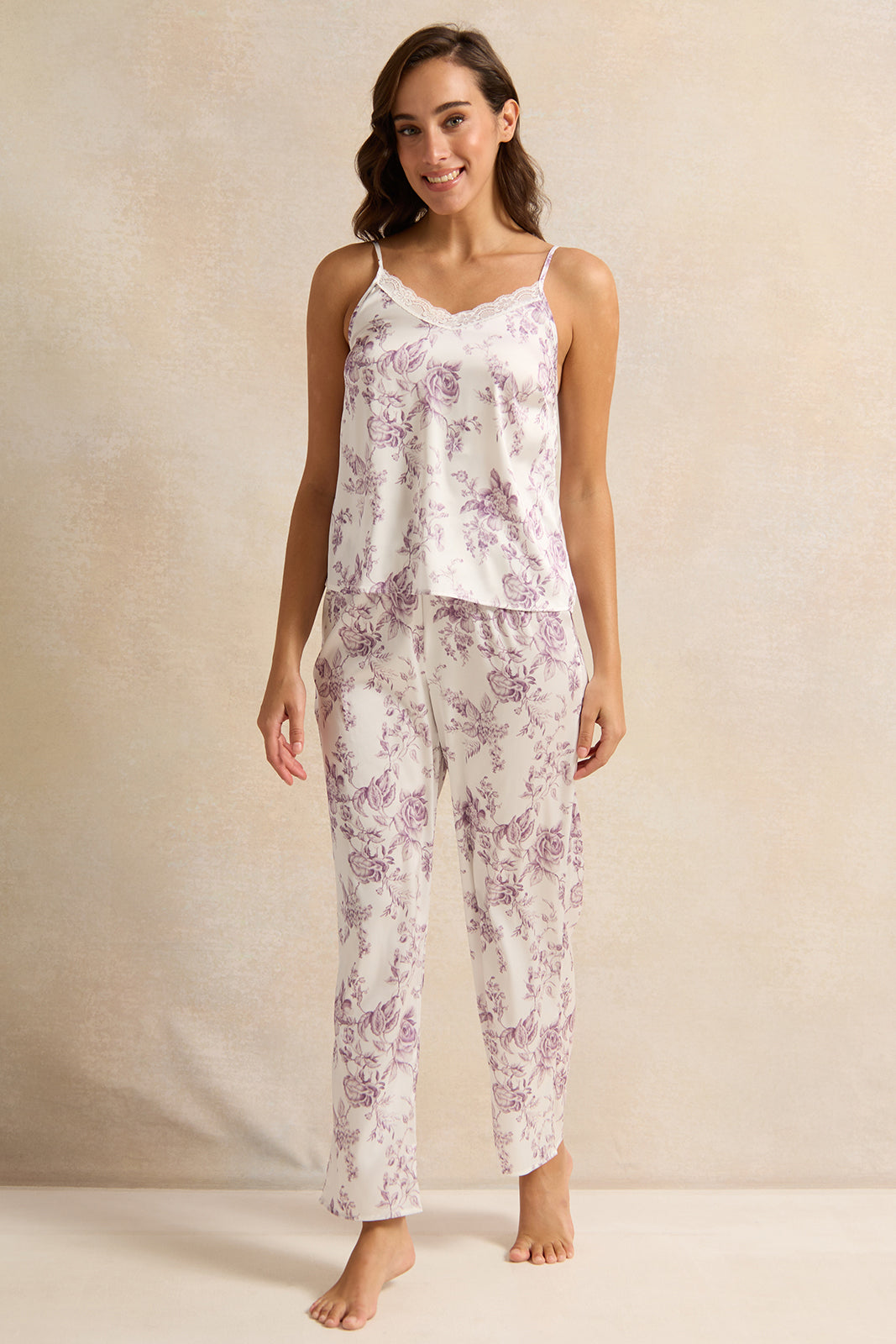 Women Lilac Floral Long Cami Set (2 Piece)