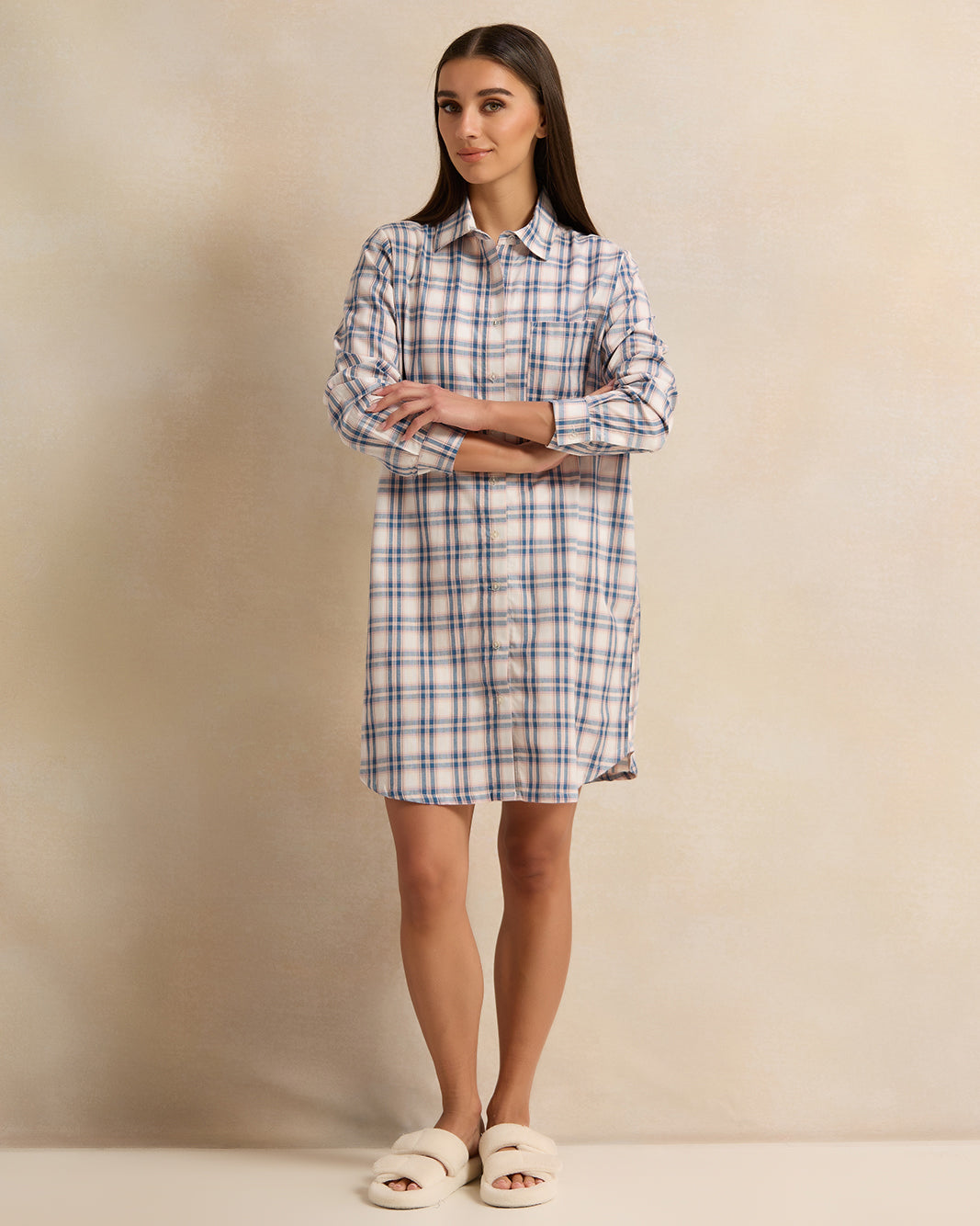 Women Beige And Blue Checkered Nightshirt