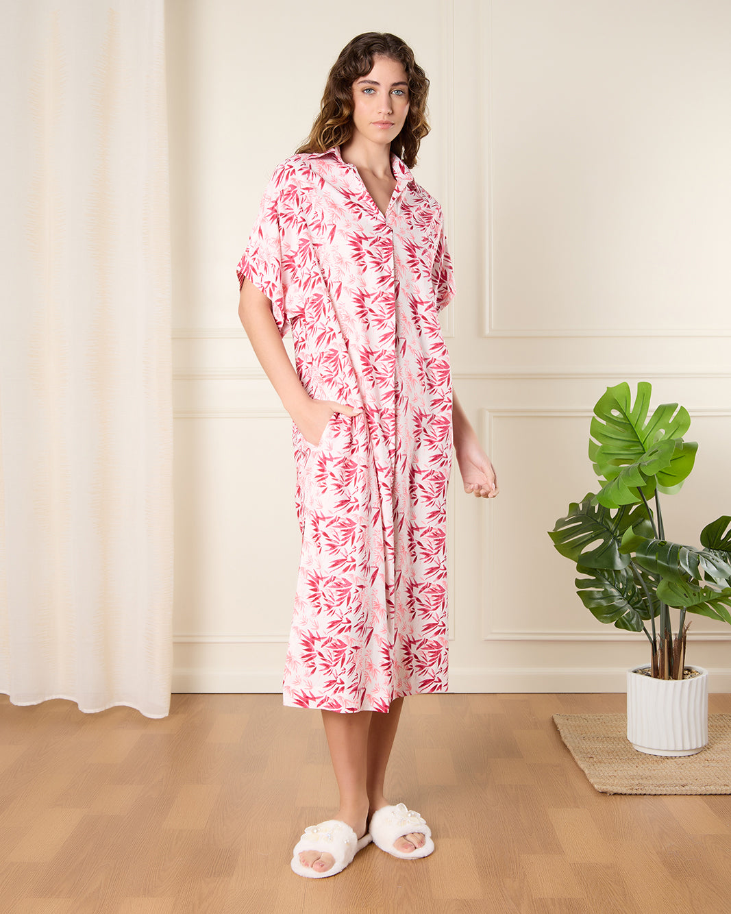 Women White And Red Printed Nightgown