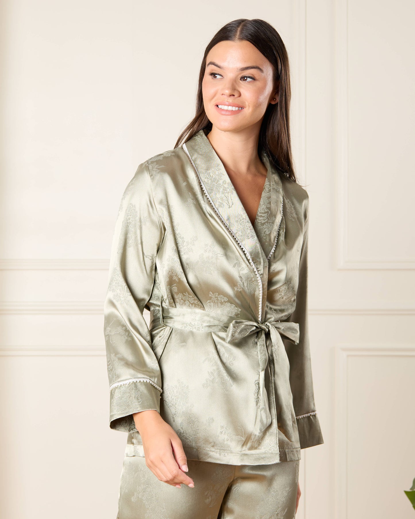 Women Ivory Beaded Satin Robe Set (3 Piece)