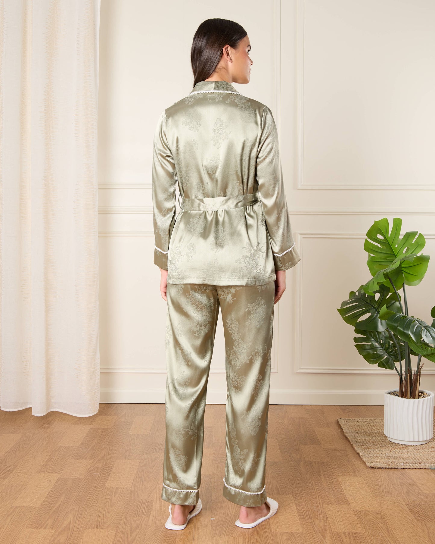 Women Ivory Beaded Satin Robe Set (3 Piece)