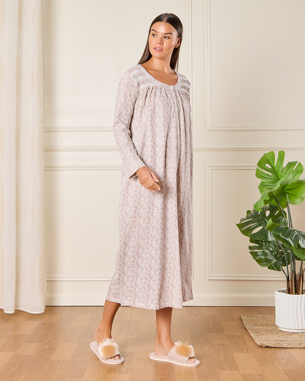 Women Beige Printed Nightgown
