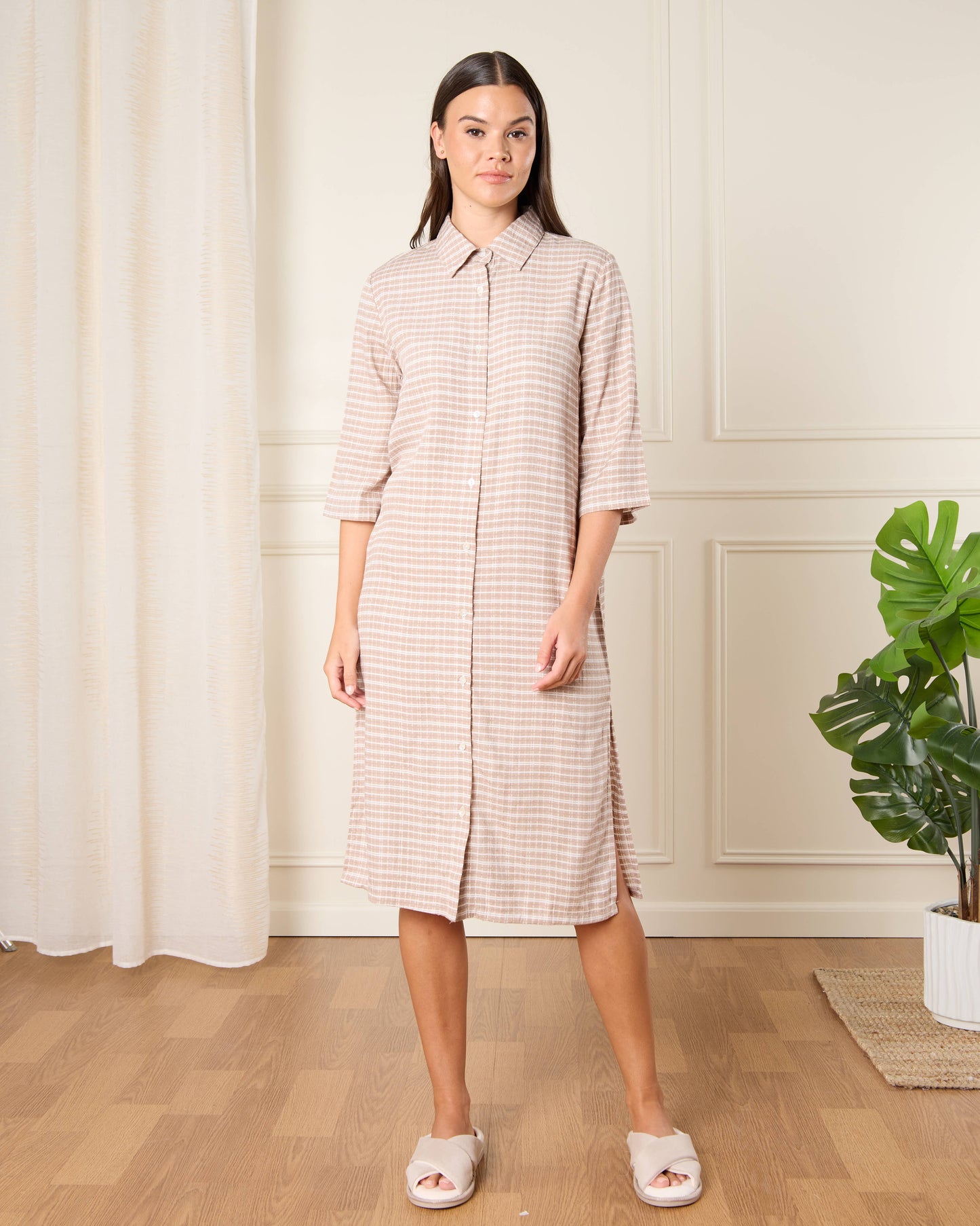 Women Beige Checkered Nightshirt