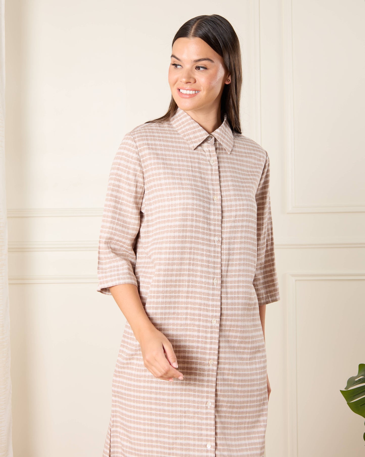 Women Beige Checkered Nightshirt