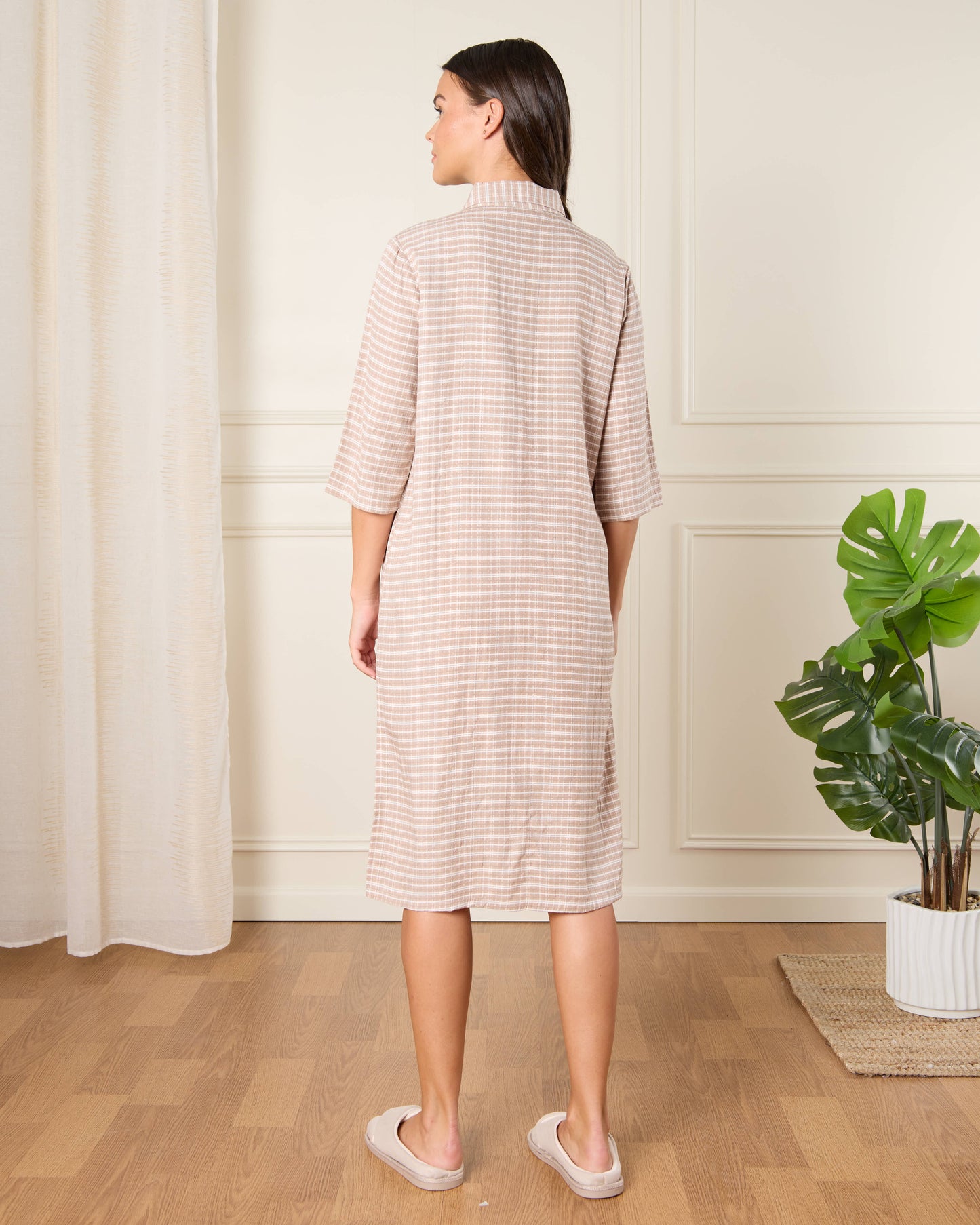 Women Beige Checkered Nightshirt