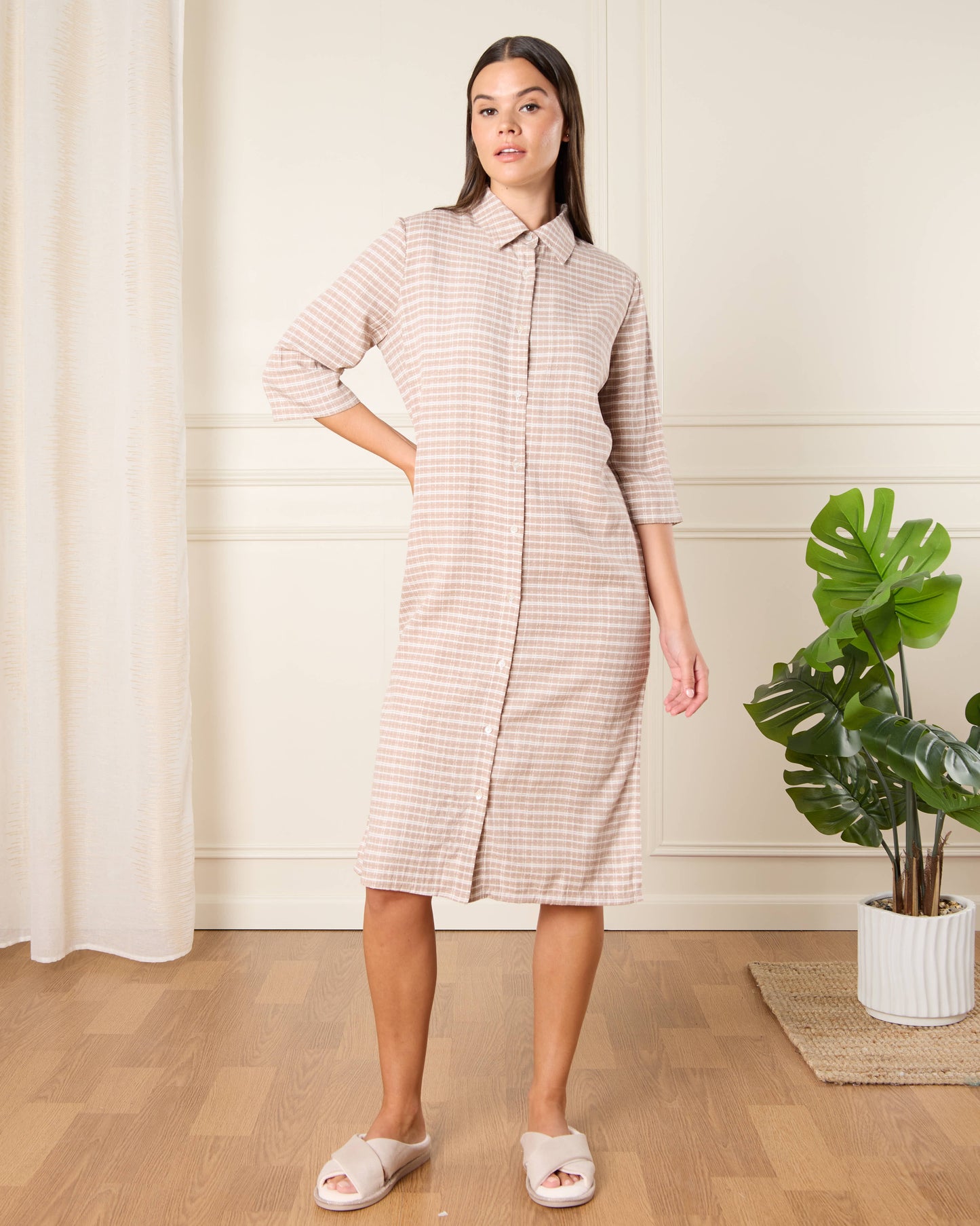 Women Beige Checkered Nightshirt
