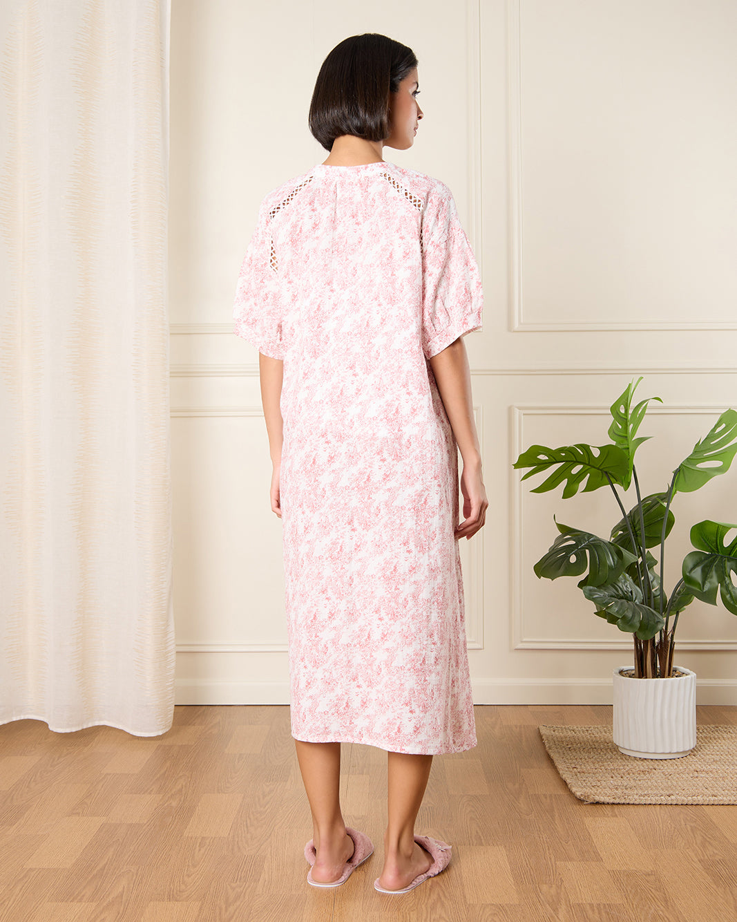 Women Pink Print Nightgown With Chest Trimming