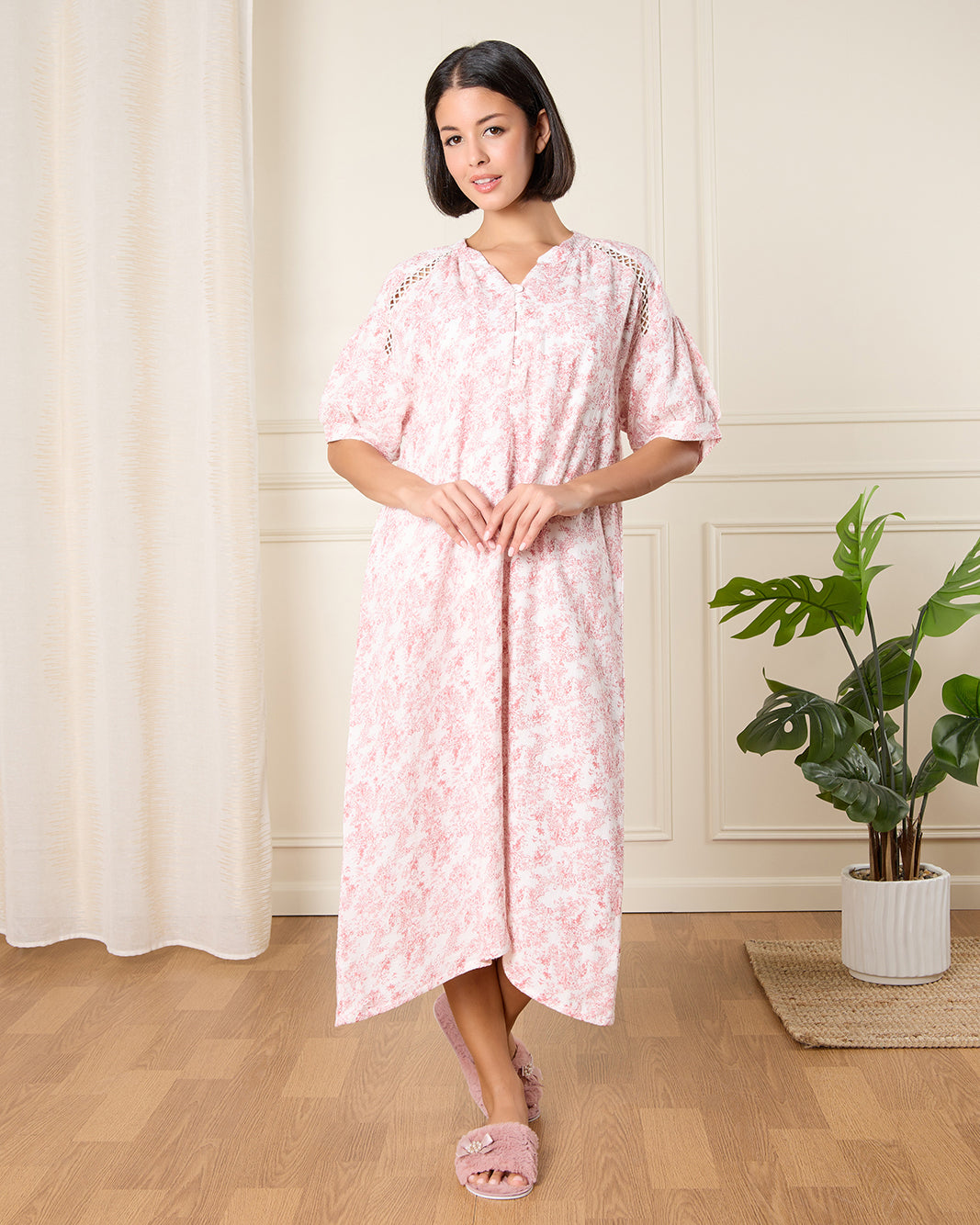 Women Pink Print Nightgown With Chest Trimming