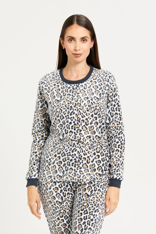 Women Beige leopard print long-sleeved pyjamas Set (2 Piece)