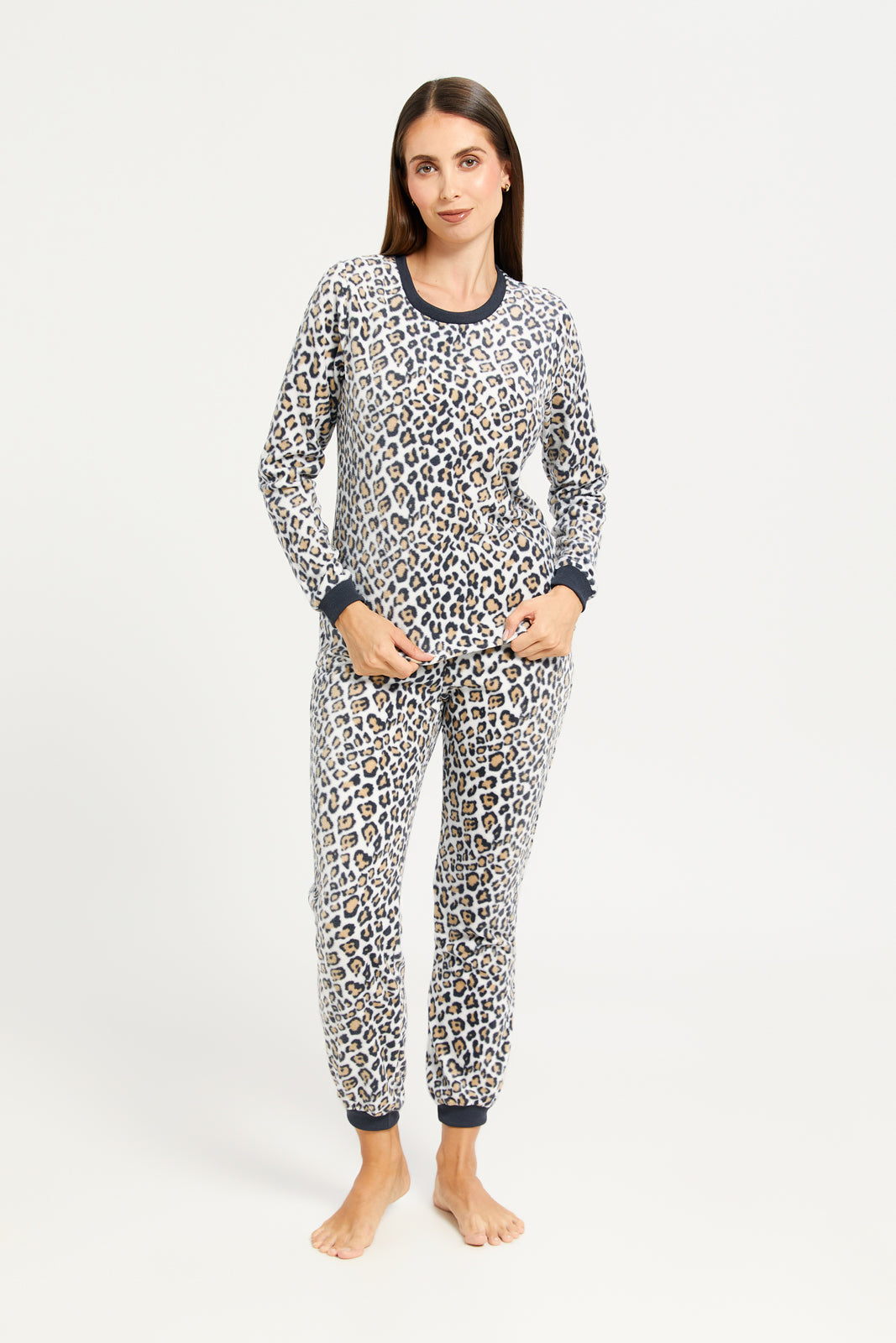Women Beige leopard print long-sleeved pyjamas Set (2 Piece)