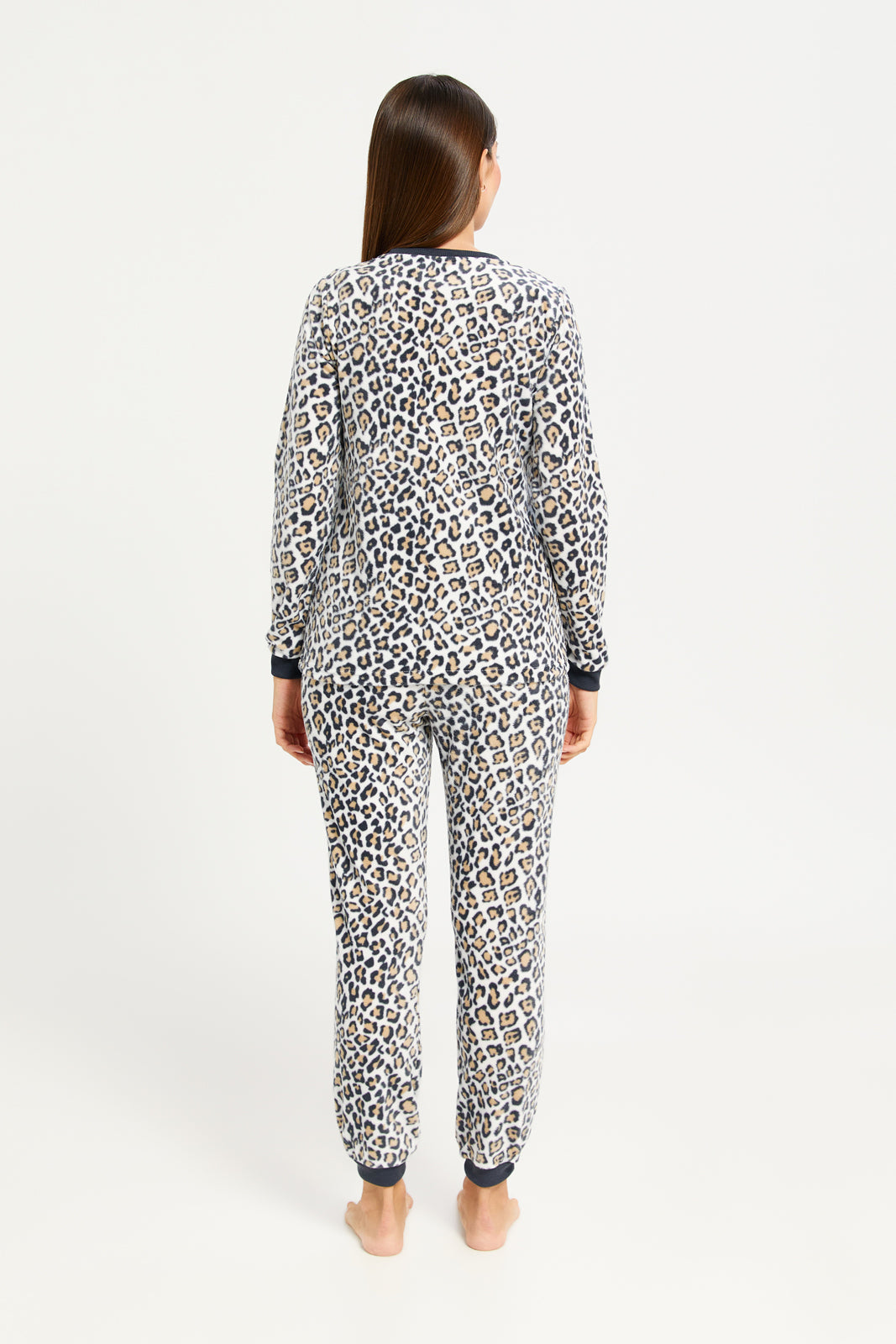 Women Beige leopard print long-sleeved pyjamas Set (2 Piece)