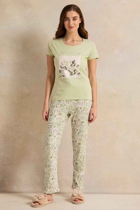 Women Green Floral Print Pyjama Set (2 Piece)
