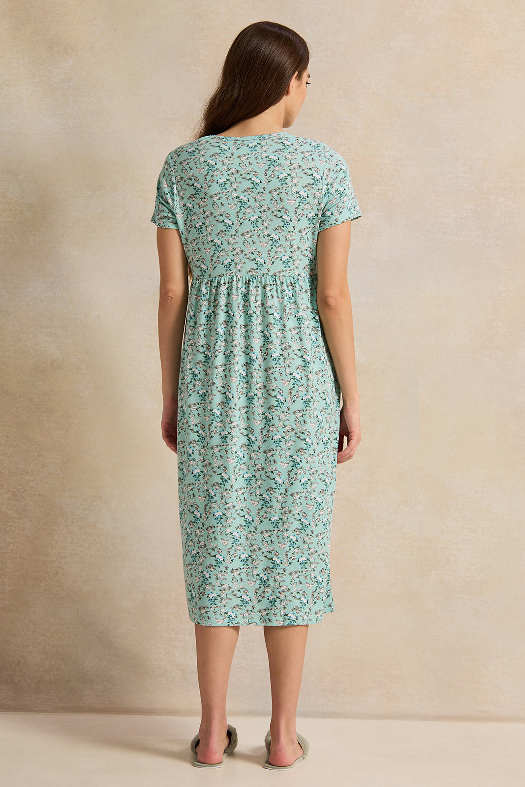 Women Green Blossom Printed Knitted Nightgown