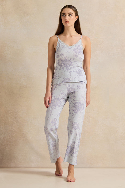 Women Blue Printed Cami Set With Lace (2 Piece)