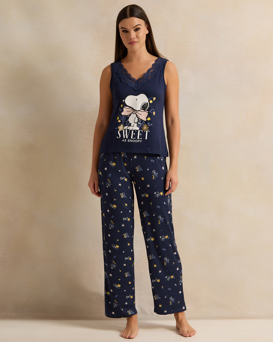 Women Navy Snoopy Printed Lace Cami Set (2 Piece)