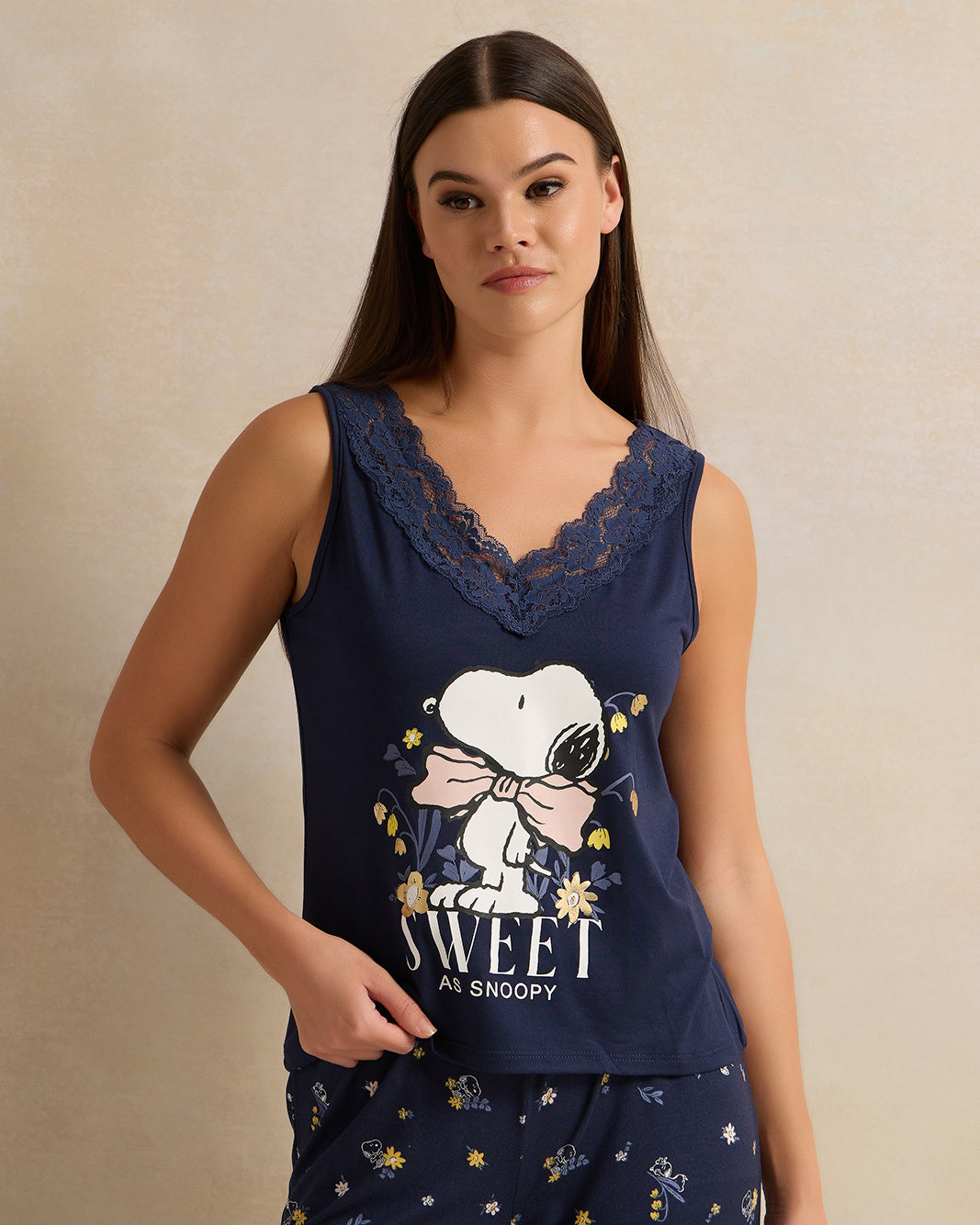 Women Navy Snoopy Printed Lace Cami Set (2 Piece)