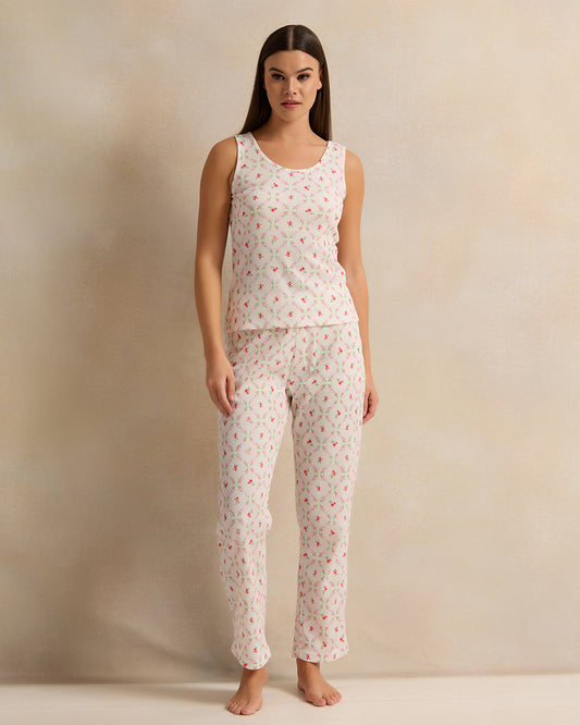 Women White Floral Print Waffle Cami Set (2 Piece)