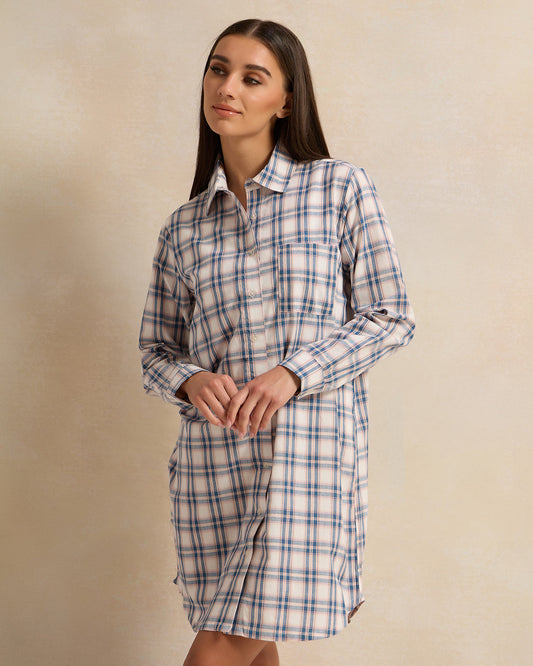 Women Beige And Blue Checkered Nightshirt