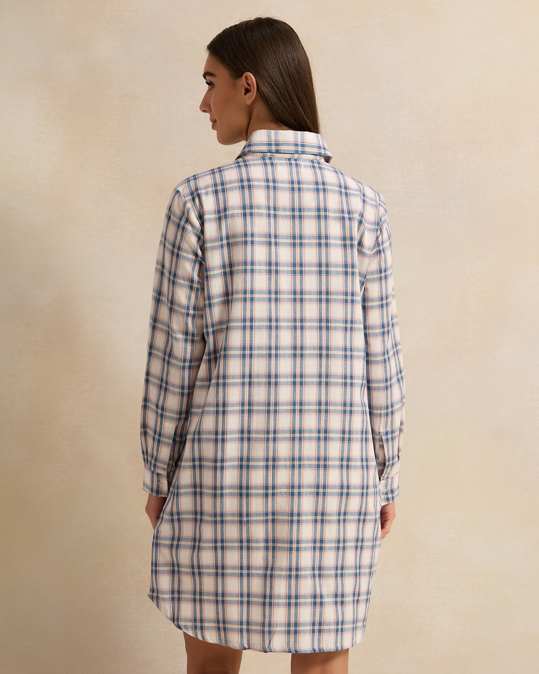 Women Beige And Blue Checkered Nightshirt