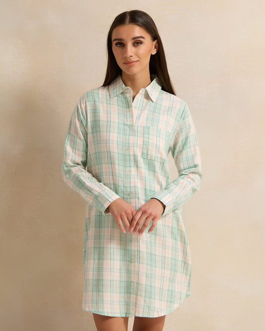 Women White And Green Checkered Nightshirt