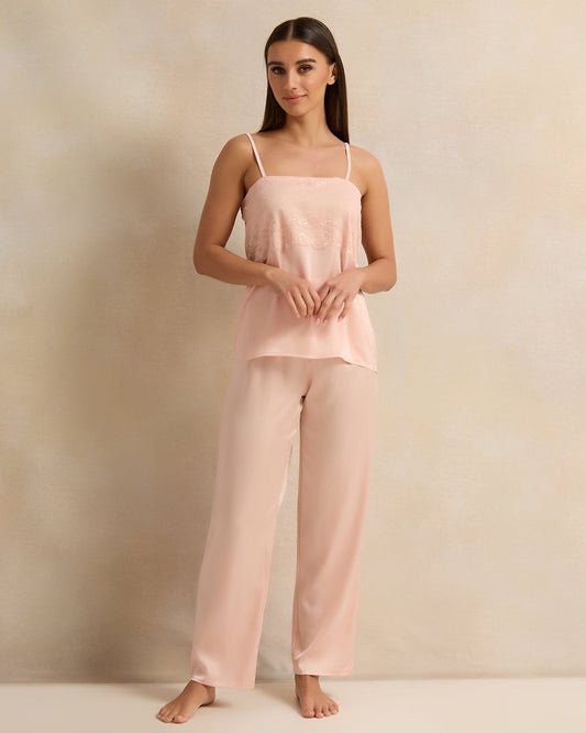 Women Pink Satin Cami Set (2 Piece)