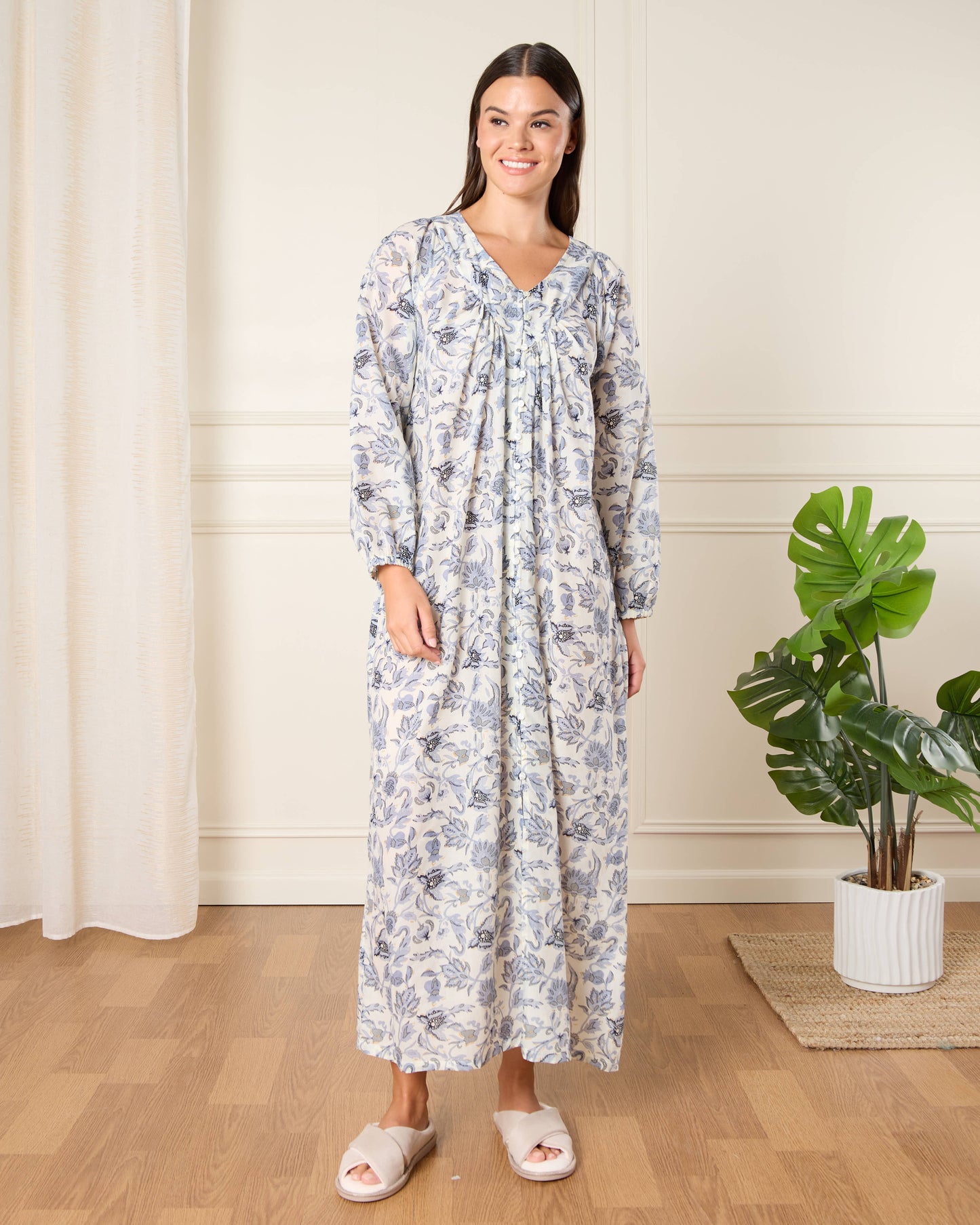 Women White And Blue Printed Nightgown