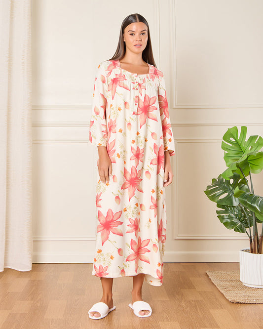 Women Cream Printed Nightgown
