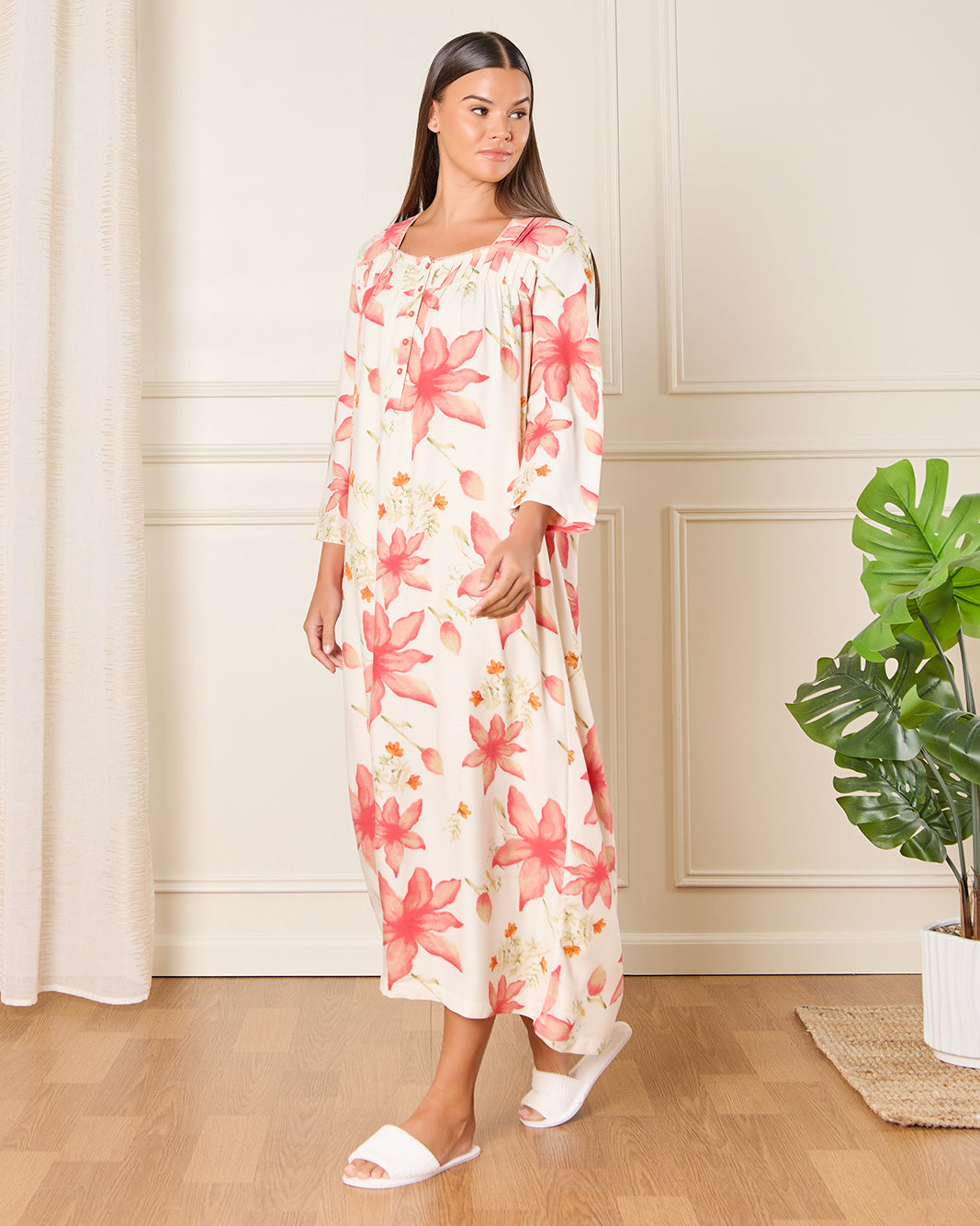 Women Cream Printed Nightgown