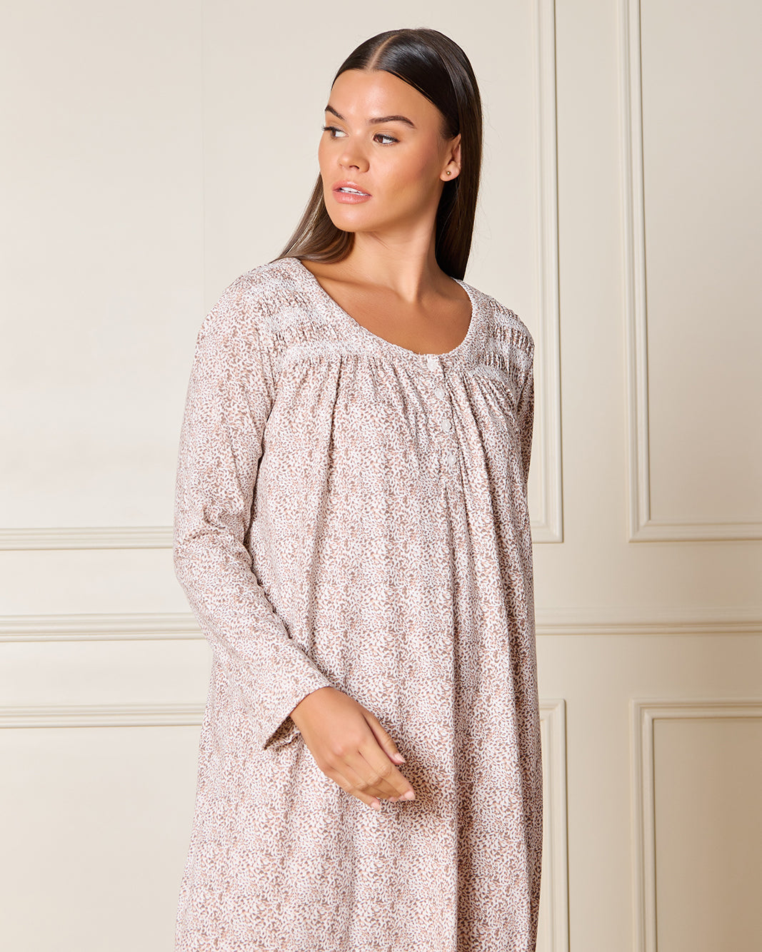 Women Beige Printed Nightgown