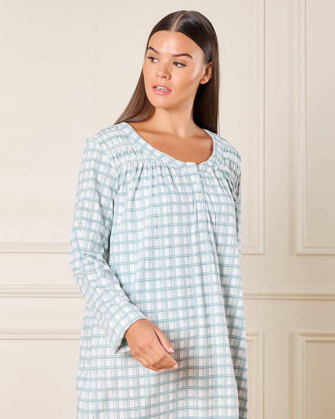 Women White Checkered Nightgown