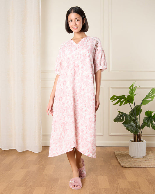 Women Pink Print Nightgown With Chest Trimming