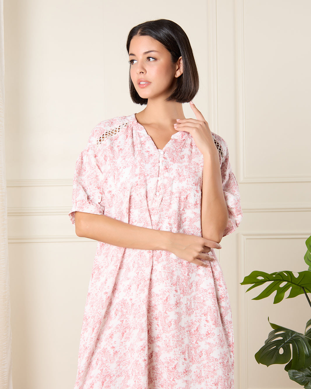 Women Pink Print Nightgown With Chest Trimming