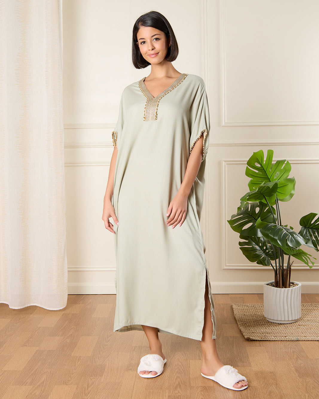 Women Beige Embellished Kaftan Nightgown