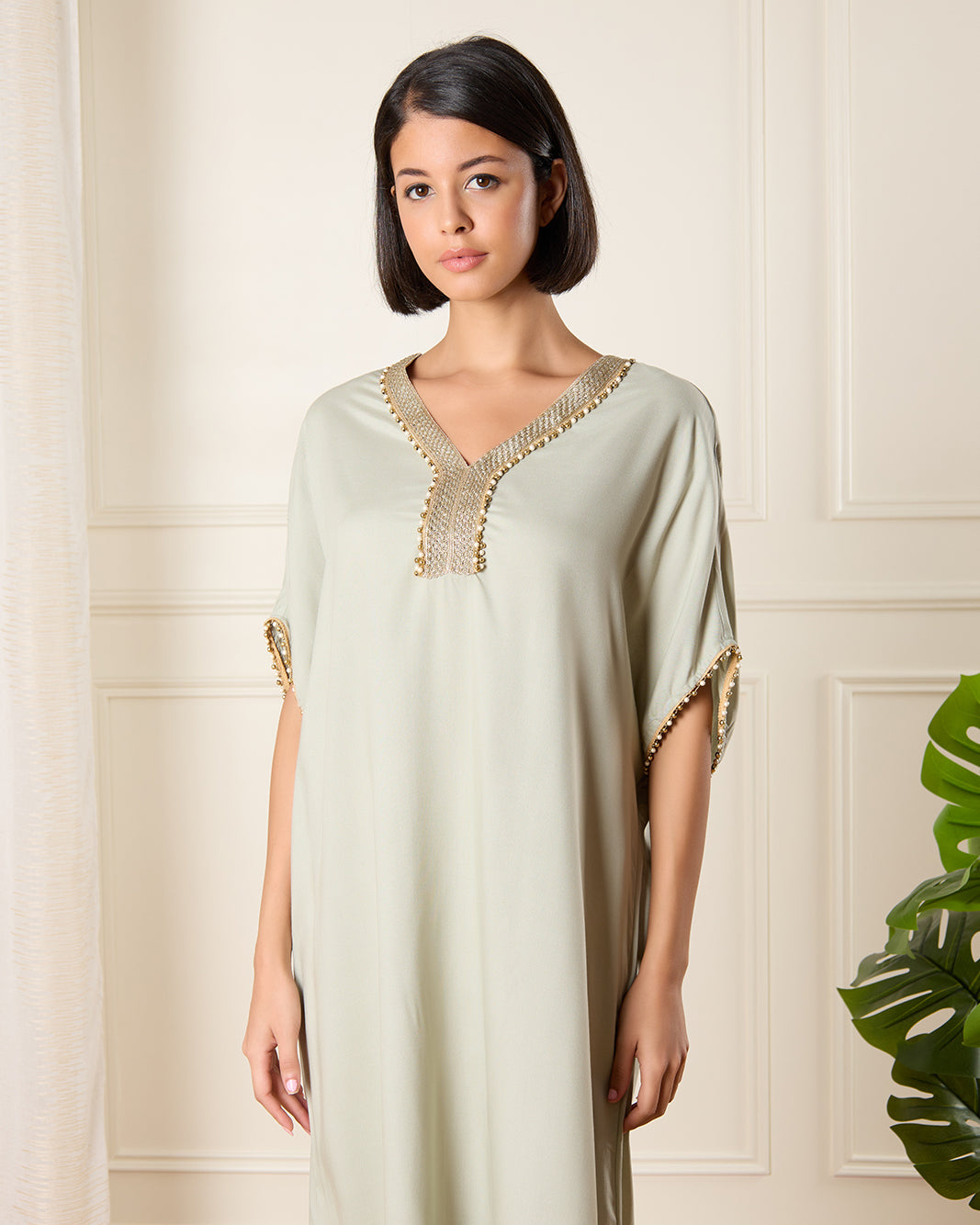 Women Beige Embellished Kaftan Nightgown