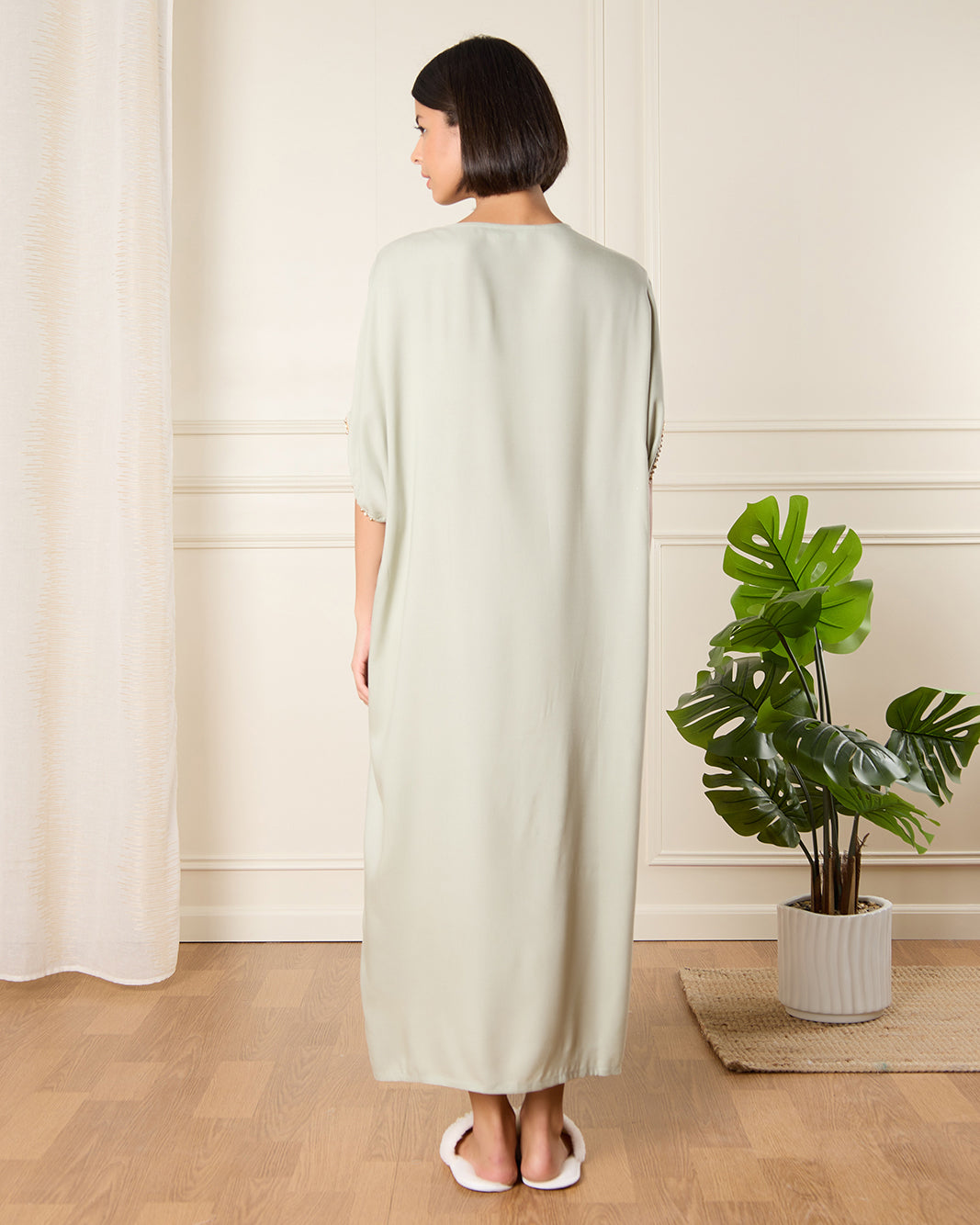 Women Beige Embellished Kaftan Nightgown