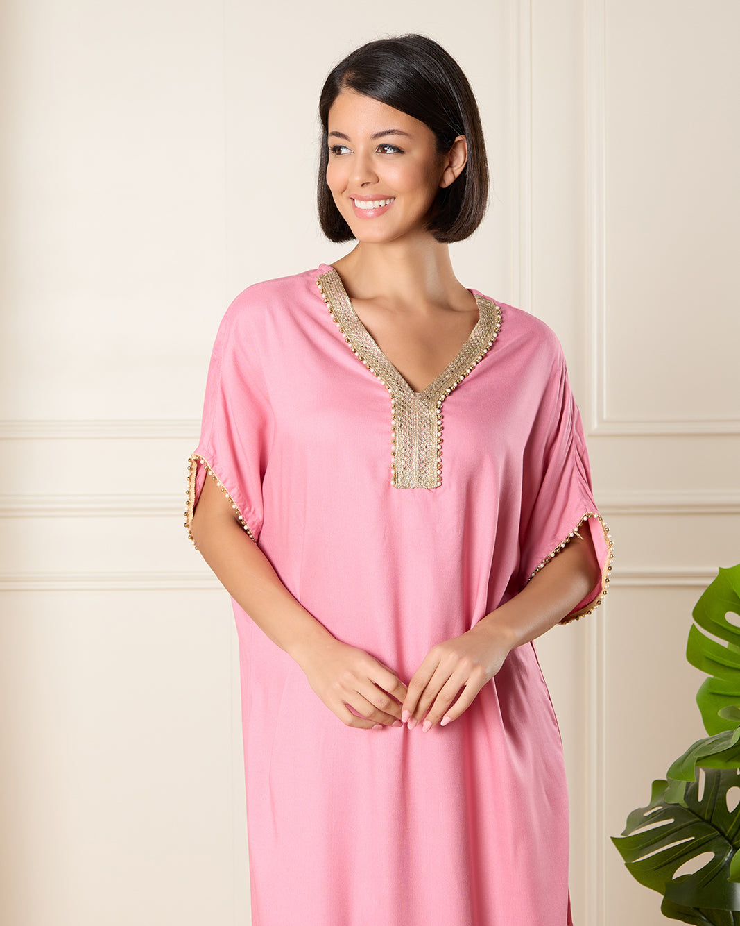 Women Pink Embellished Kaftan Nightgown