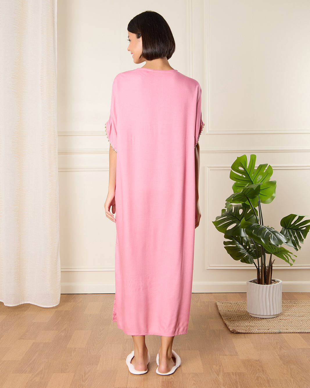 Women Pink Embellished Kaftan Nightgown