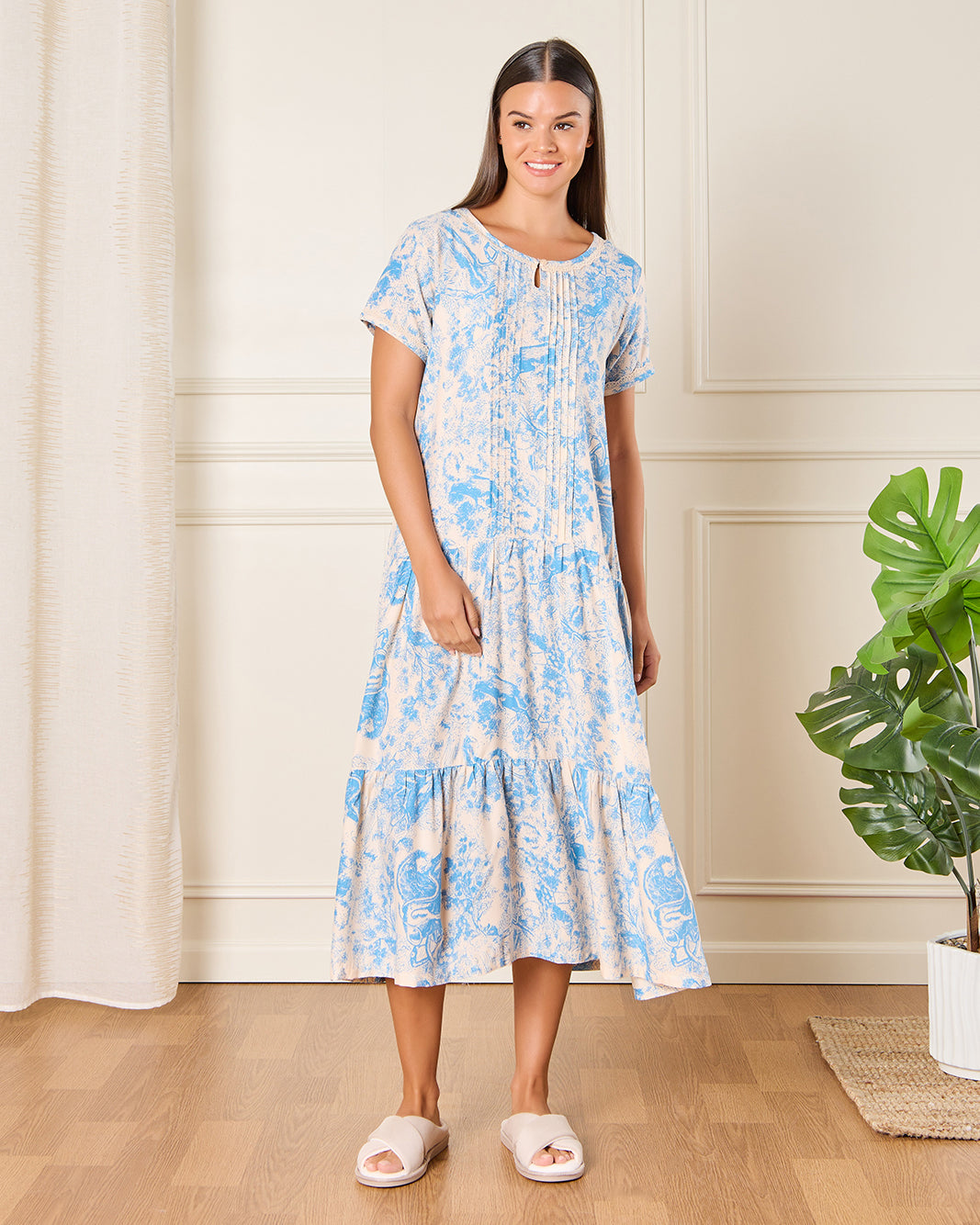 Women Blue And Beige Printed Nightgown