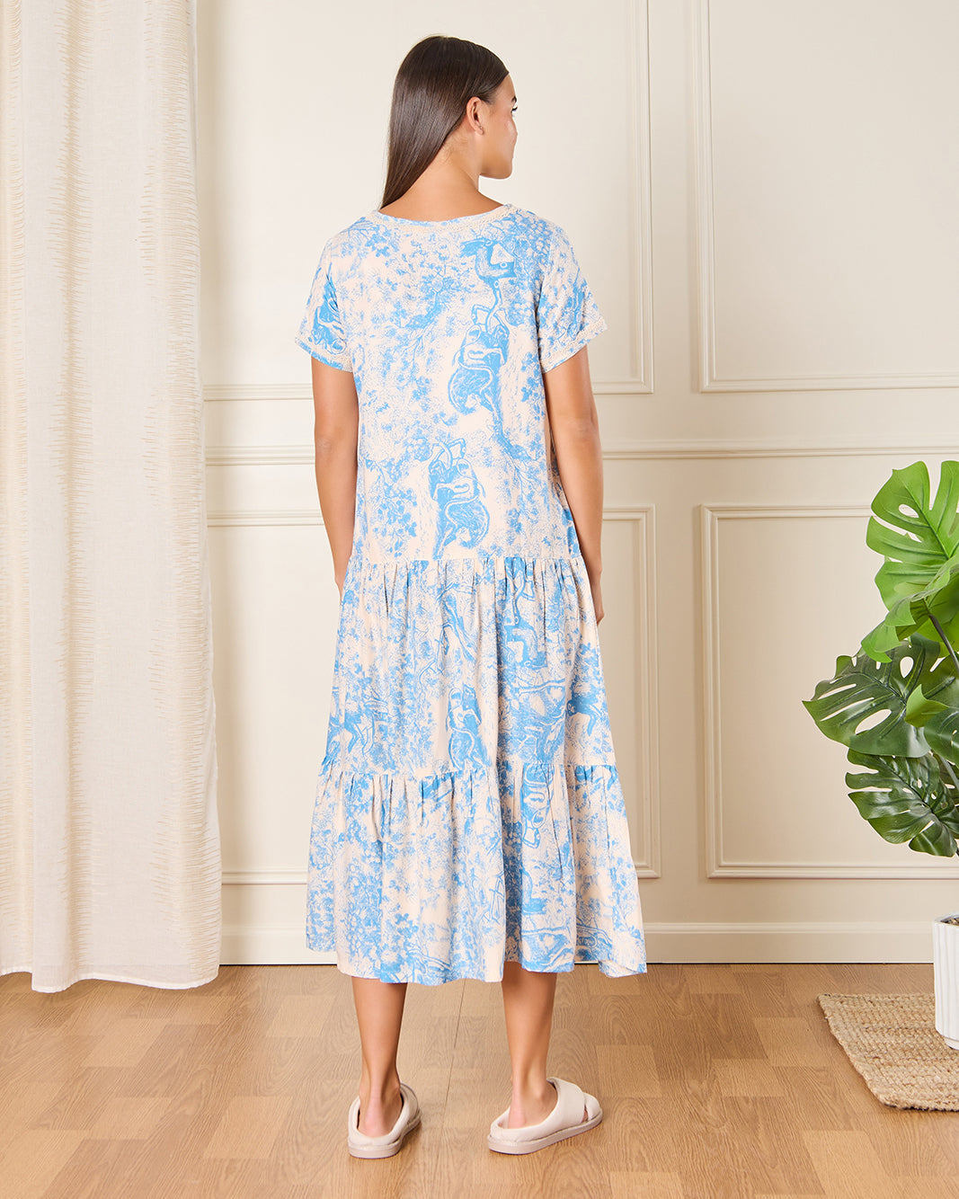 Women Blue And Beige Printed Nightgown