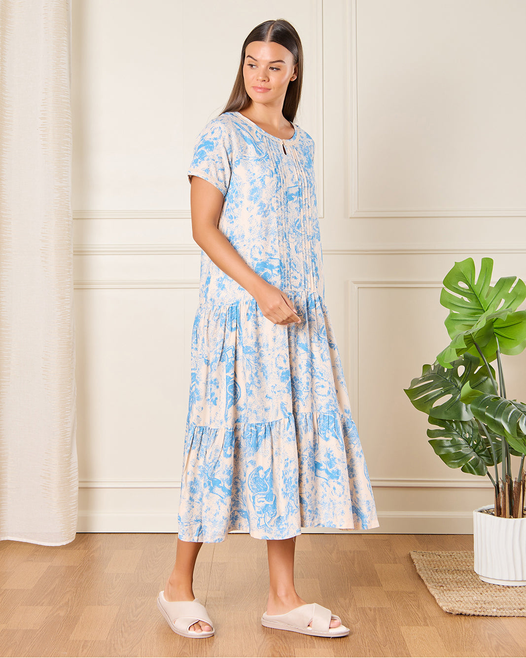 Women Blue And Beige Printed Nightgown