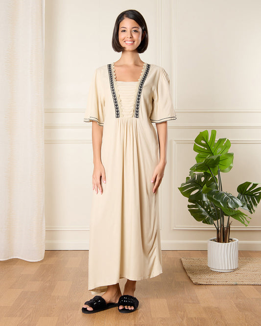 Women Beige Embellished Nightgown