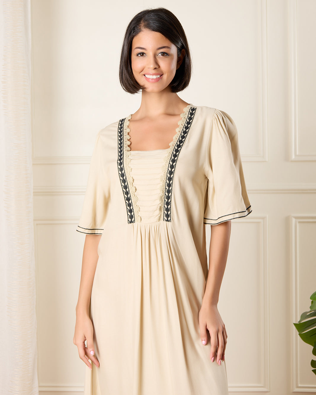 Women Beige Embellished Nightgown
