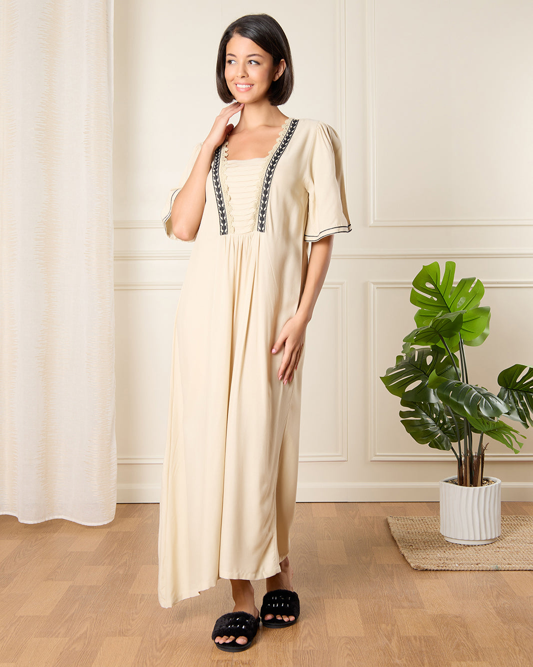 Women Beige Embellished Nightgown