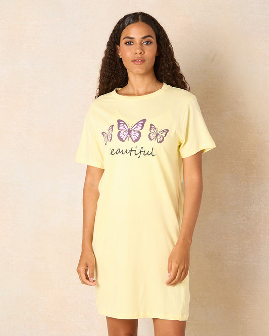 Women Yellow Printed Nightshirt